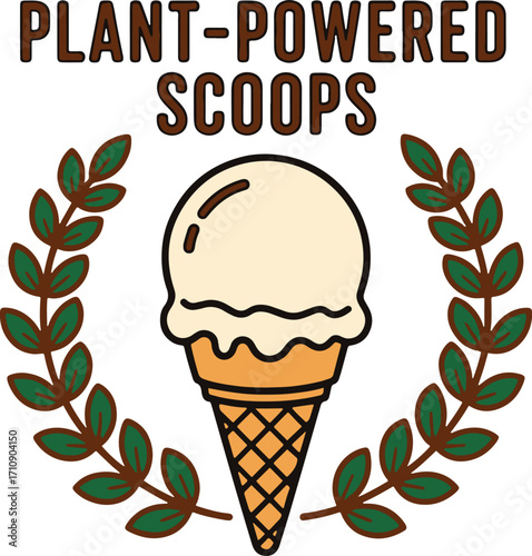Plant-Powered Ice Cream Cone Illustration – Vegan Dessert with Laurel Leaves and Bold Typography
