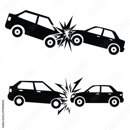 Two dramatic car collisions depicted with dynamic impact and shattering glass effects