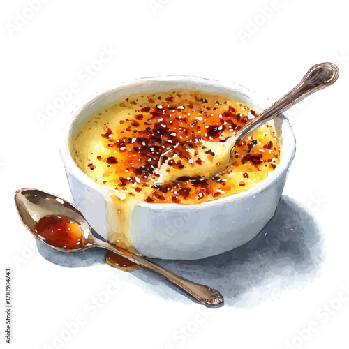 Watercolor vector illustration of Creme Brulee, isolated on white background.