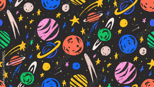 Cosmic night sky with colorful constellations seamless pattern. Crayon drawn kid stars, comets and planets background. Cosmic stars in darkness space vector print. Childish wrapping paper design