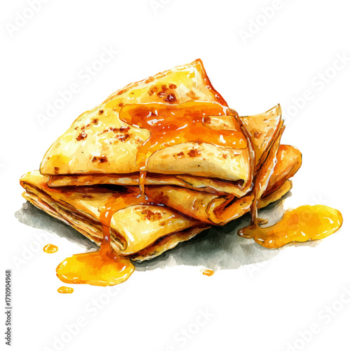 Watercolor vector illustration of Crepes Suzette, isolated on white background.