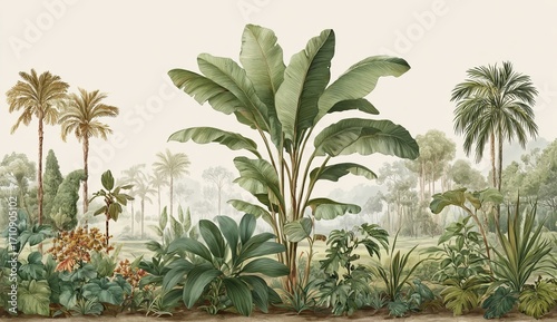 Tropical Jungle Panorama with Lush Greenery and Palm Trees