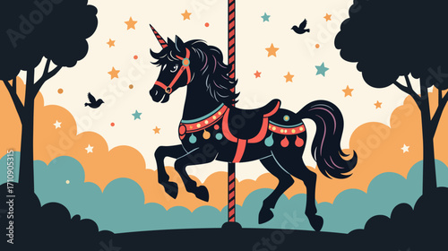 Vintage carousel unicorn illustration in whimsical style  