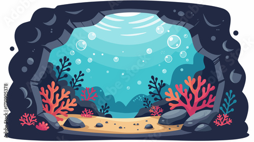 Underwater cave with colorful corals and bubbles in blue ocean  