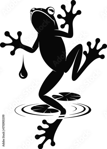 Black silhouette of a tree frog or toad with splayed limbs, detailed vector illustration of an amphibian on a white background, isolated.