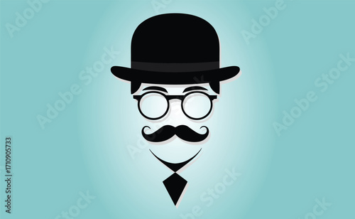 Man in Black Bowler Hat with Mustache, Glasses, and Bow Tie Vector Illustration for Gentlemanly, Classic, and Vintage Design and Style