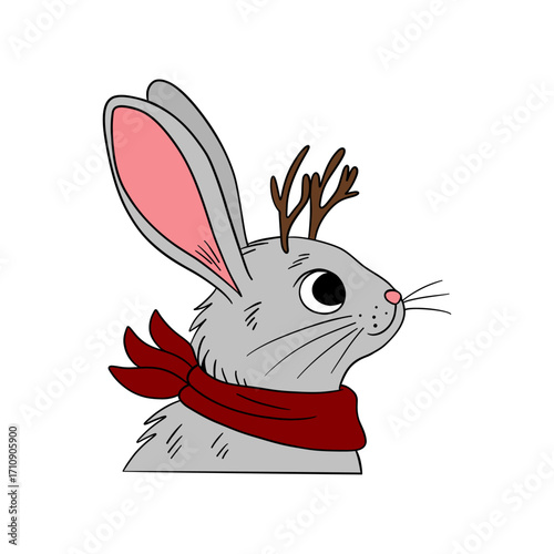 Cute Christmas rabbit in festive style with holiday decorations. Cheerful and cozy New Year character