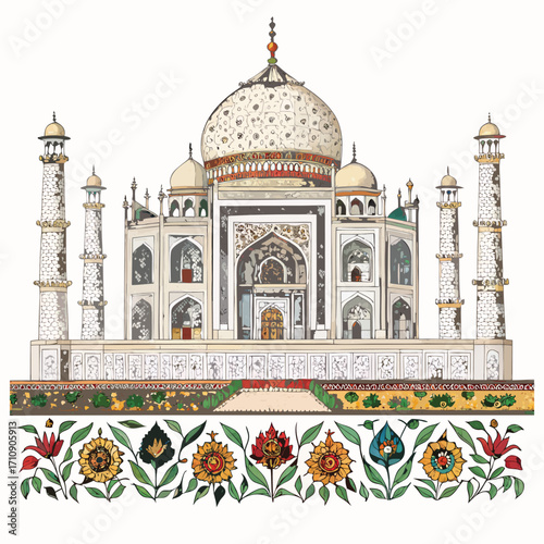 Taj Mahal Illustration with Floral Border