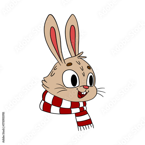 Cute Christmas rabbit in festive style with holiday decorations. Cheerful and cozy New Year character