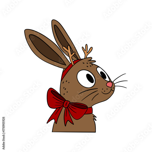 Cute Christmas rabbit in festive style with holiday decorations. Cheerful and cozy New Year character