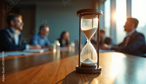 Hourglass on wooden table at modern business meeting. Professionals attend conference in bright office. Sunlight fills room. Time running out, deadline pressure, important decisions, corporate