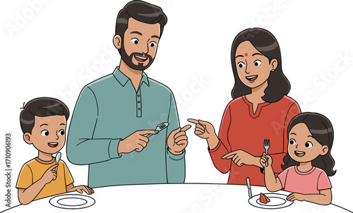 Happy family eating together at dinner table, joyful conversation, bonding, communication, love, togetherness, eating, daily life, home, warmth, fun