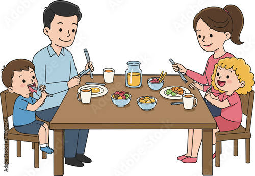 Happy family enjoying breakfast together, parents and kids around table, smiles, sharing meal, bonding, morning routine, indoors, warmth, joy