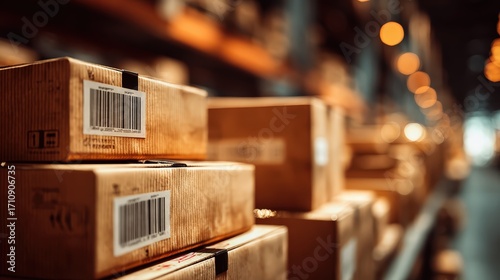 Logistics and shipping, brown boxes stack, barcode close-up (generic), warehouse bokeh, 