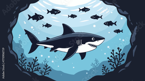 Shark swimming among smaller fish in underwater cave with corals  