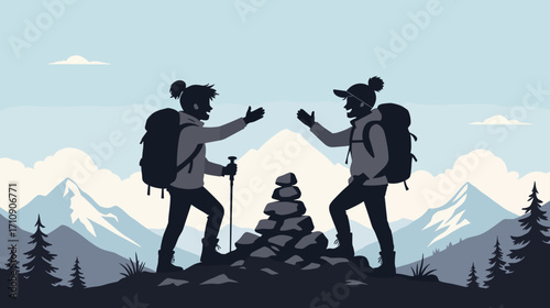 Two hikers discussing at a stone pile in mountainous landscape  