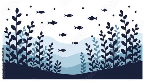Underwater scene with fish swimming among seaweed in blue tones  
