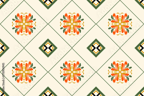 Elegant Floral Pattern with Geometric Shapes in Warm Orange and Green Tones for Textile and Home Decor
