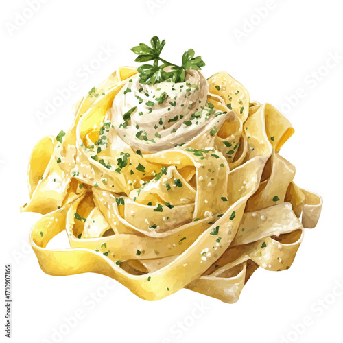 Fettuccine Alfredo in watercolor style, vector illustration, isolated on white background.