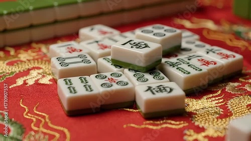 Pile of mahjong tiles arranged on a vibrant red dragon-patterned cloth
