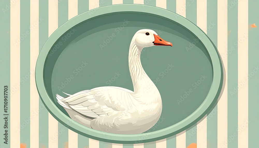 Fototapeta premium A charming illustration of a white goose in a teal oval frame against a striped background.
