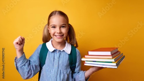 Happy schoolgirl presenting learning materials with books in hand against a vibrant yellow background, showing excitement.