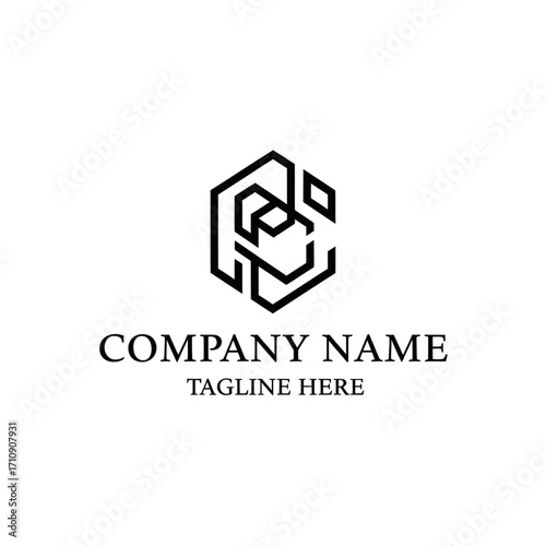 Abstract black and white hexagonal logo design with intertwined geometric lines, suitable for a modern company brand identity.