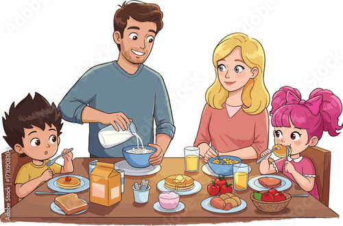 Happy family enjoying healthy breakfast together, parents and kids eating cereal, pancakes, fruits, orange juice, morning meal, kitchen table, smiling faces