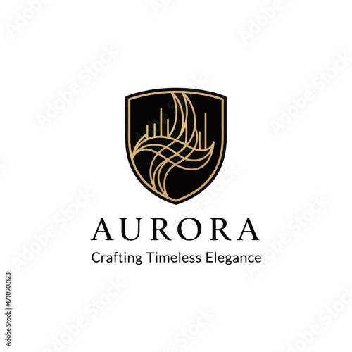 Free Download Elegant logo design featuring a stylized shield with abstract golden lines and cityscape silhouette on a white background, beneath the word 