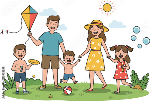 Happy family enjoying sunny day outdoors, kids playing with bubbles and beach ball, parents flying kite, joyful picnic, nature, lifestyle, fun