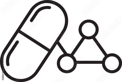 Vector art of a stylized black and white icon representing a capsule and a molecular structure, isolated on a, symbolizing medicine and science