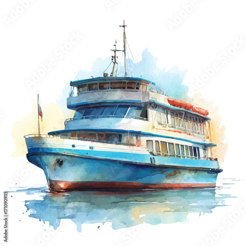 Ferry, watercolor painting, vector illustration, isolated on a white background.