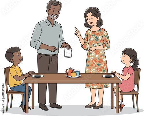 Happy family gathering at dining table, parents and children bonding, tea time, communication, love, togetherness, daily life, home, warmth, joy