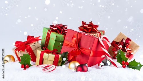 Christmas presents and decorations in the snow atmosphere