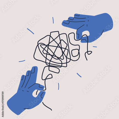 Cartoon vector illustration of tangled thread as a metaphor for confusion and problem solving