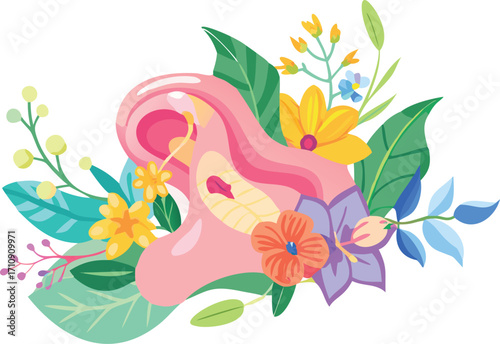 Woman's silhouette with floral elements and colorful butterflies