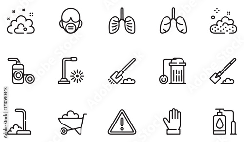 Minimal dust and cleaning icon set with air pollution, vacuum, lungs, mask, broom, mop, shovel, detergent, and hygiene illustrations