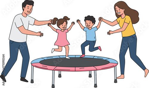 Happy family jumping on trampoline, kids holding hands with parents, joyful bonding, outdoor fun, active lifestyle, childhood play, fitness, togetherness