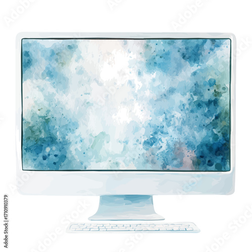 Desktop Monitor, watercolor painting, vector illustration, isolated on a white background.
