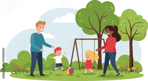 Happy family in park, parents with kids on swing, outdoor play, green nature, joy, bonding, leisure, lifestyle, weekend fun