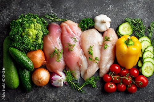 Fresh raw chicken and a vibrant collection of vegetables like tomatoes, cucumbers, peppers, and onions arranged on a wooden board