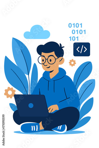 Focused developer coding on laptop, amidst glowing cloud, binary digits, and code tags. This vibrant illustration embodies modern software engineering, cloud computing, and digital innovation, reflect
