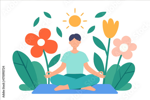 Mindful Meditation in Nature's Embrace: A Serene Illustration of a Person Practicing Yoga and Inner Peace Amidst Vibrant Flowers, Lush Greenery, and a Guiding Sun for Holistic Well-being and Mental Cl
