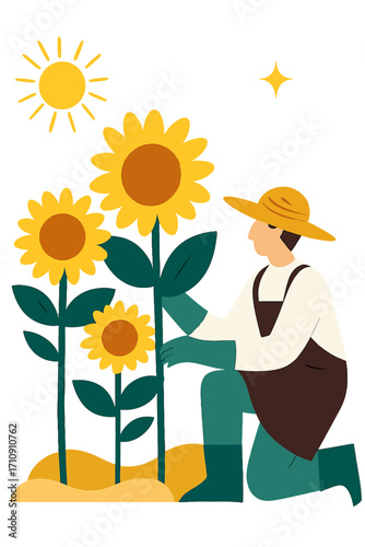 Vibrant flat illustration: A dedicated gardener in hat and overalls tends glowing sunflowers under a bright sun. Bathed in warm golden light, this serene scene embodies nature's beauty, growth, and th