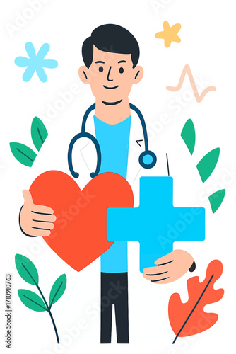 A compassionate male doctor in a lab coat and stethoscope holds a red heart and blue medical cross, symbolizing healthcare, holistic wellness, expert support, patient care, health awareness, and well-