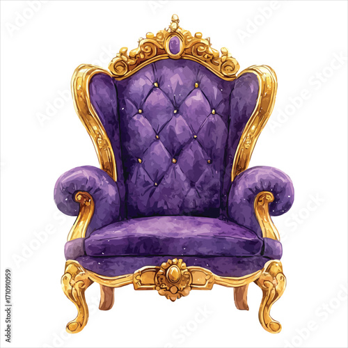 Ornate purple tufted armchair with gold gilded trim on a white background throne royal