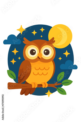 Whimsical cartoon owl art: Adorable brown and orange owl perches on a leafy branch under a bright crescent moon, twinkling stars, and soft clouds in a deep blue night sky. Charming flat design for kid