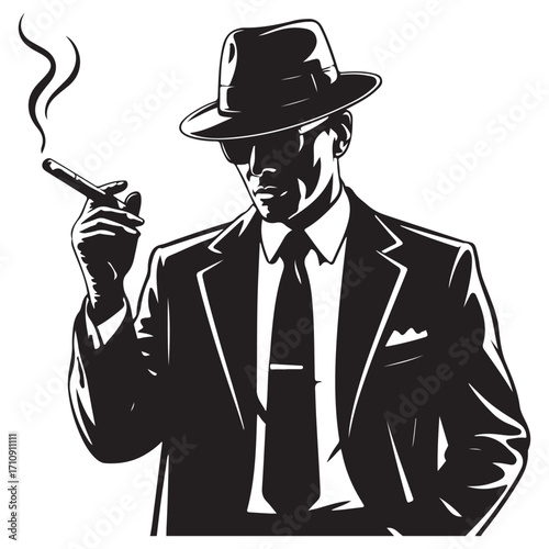 Black and white illustration of a man in a fedora and suit smoking a cigar with smoke rising male
