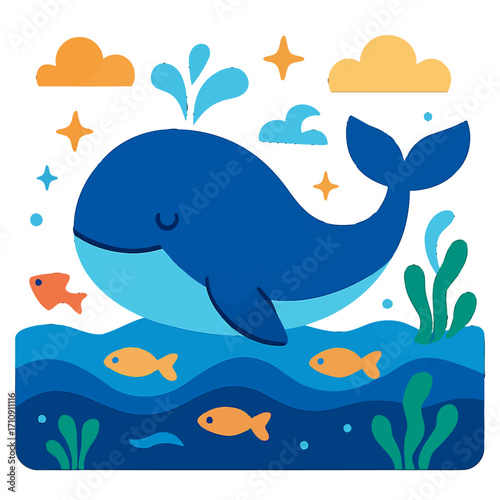 A charming and serene deep blue whale spouting water amidst a playful ocean scene, surrounded by glowing orange fish, layered waves, green seaweed, and whimsical orange and blue stars and clouds. A cu