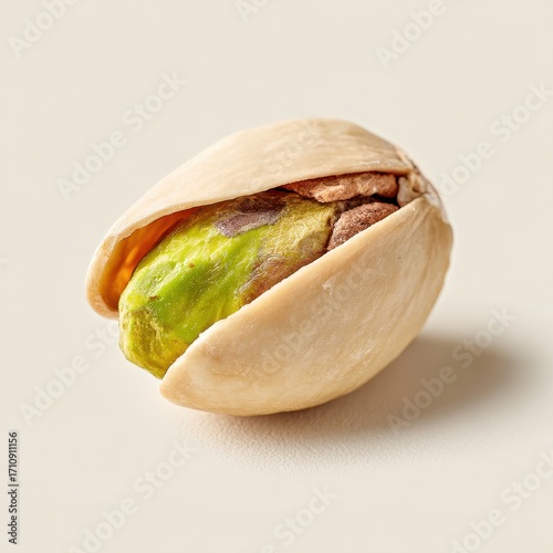 A single pistachio nut with its shell partially open, revealing the vibrant green kernel inside, studio shot